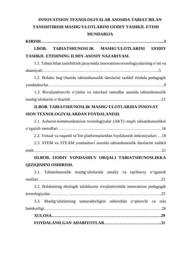 INNOVATSION TEXNOLOGIYALAR ASOSIDA TABIAT BILAN TANISHTIRISH MASHG‘ULOTLARINI IJODIY TASHKIL ETISH