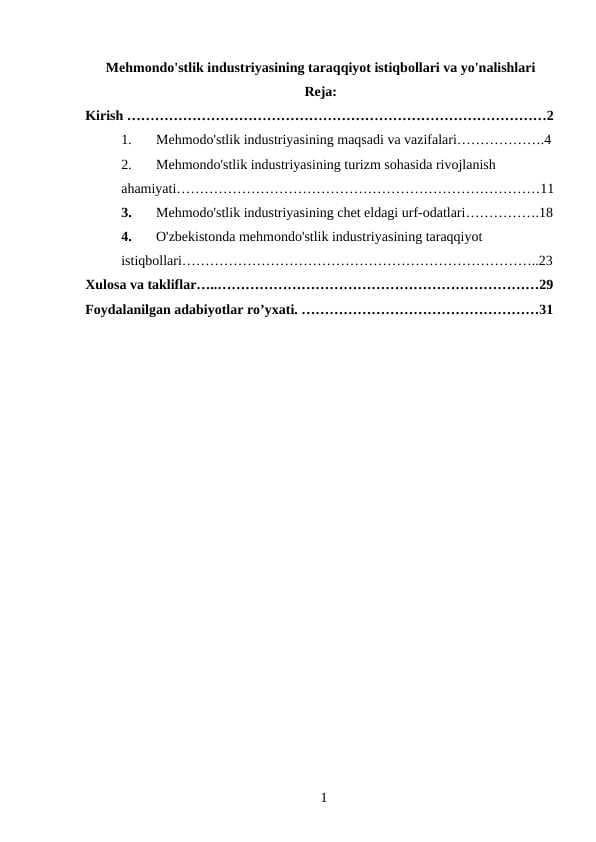 Мehmondo'stlik industriyasining taraqqiyot istiqbollari va yo'nalishlari