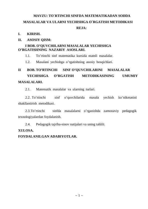 TO`RTINCHI SINFDA MATЕMATIKADAN SОDDA MASALALAR VA ULARNI YЕCHISHGA O`RGATISH MЕTОDIKASI