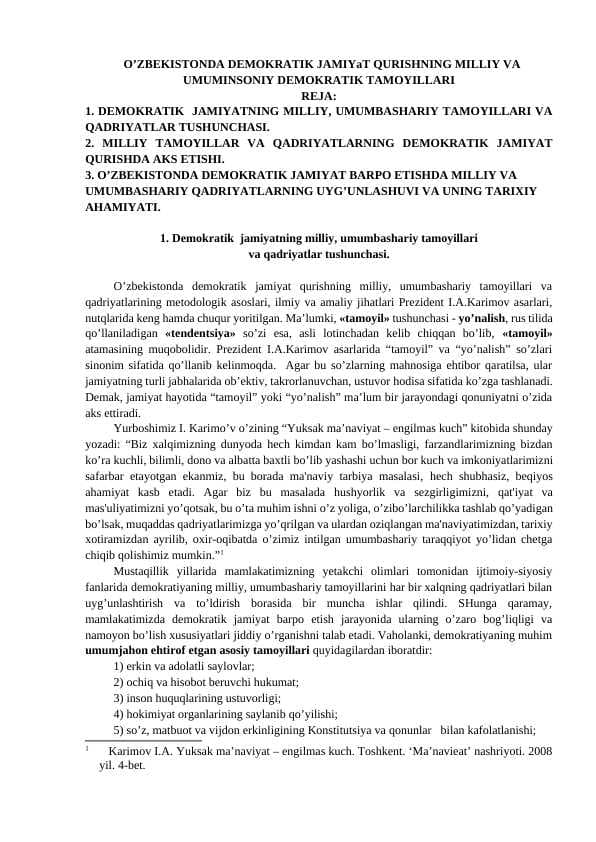 O’ZBEKISTONDA DEMOKRATIK JAMIYaT QURISHNING MILLIY VA UMUMINSONIY DEMOKRATIK TAMOYILLARI
