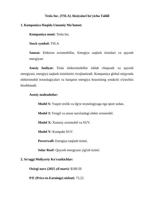 Tesla Inc. (TSLA) Aksiyalari bo'yicha Tahlil