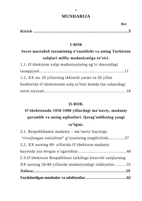 XX – asrning 50 – 80 – yillarda O’zbekistonda madaniy hayot