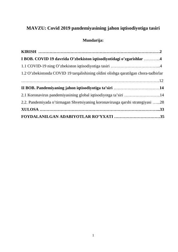 Covid 2019 pandemiyasining jahon iqtisodiyotiga tasiri