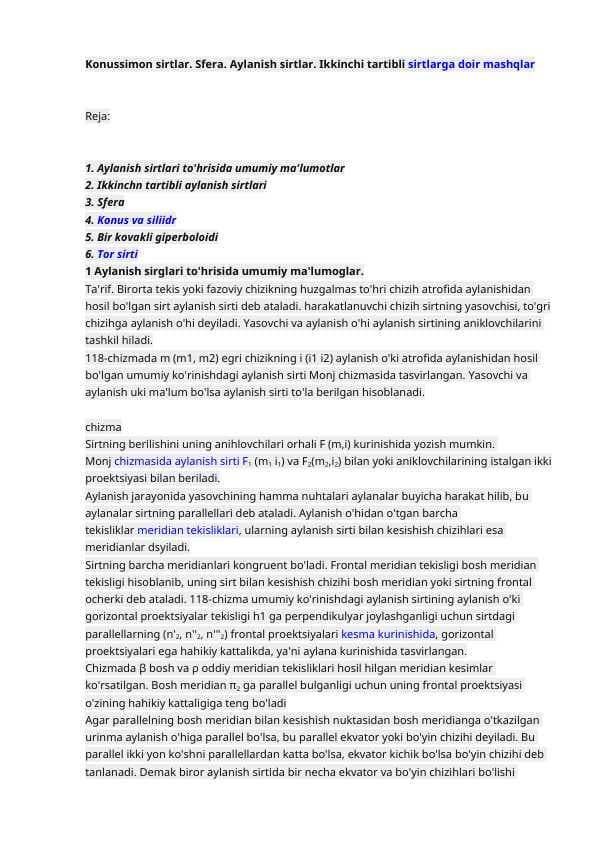 Konussimon sirtlar. Sfera. Aylanish sirtlar. Ikkinchi tartibli sirtlarga doir mashqlar