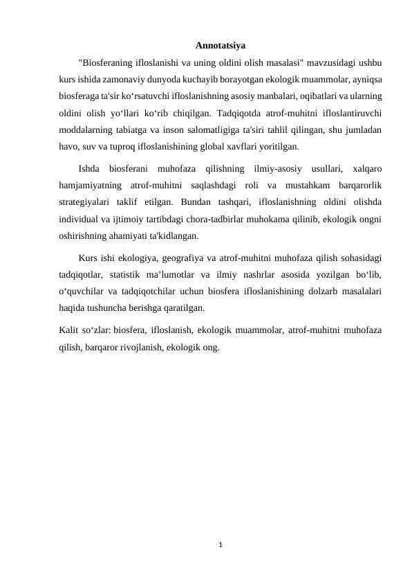 Biosferaning ifloslanishi va uning oldini olish masalasi