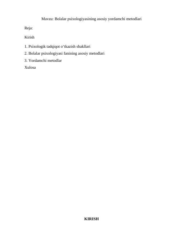 Bolalar psixologiyasining asosiy yordamchi metodlari