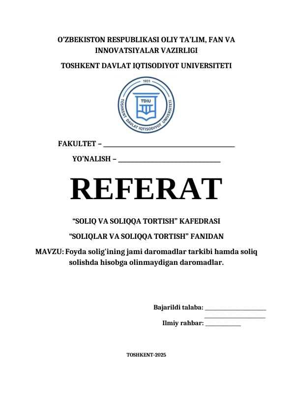 Foyda solig'ining jami daromadlar tarkibi hamda soliq solishda hisobga olinmaydigan daromadlar.
