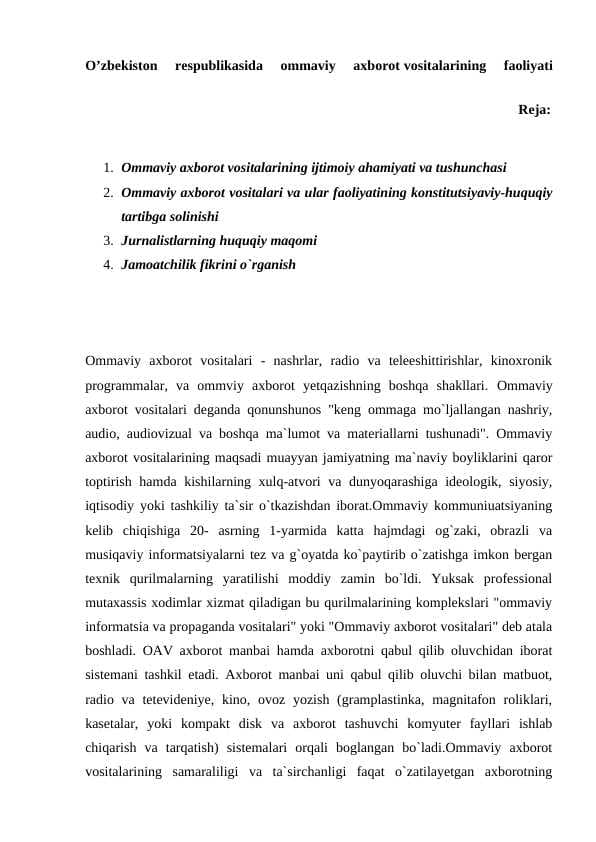 O’zbekiston respublikasida ommaviy axborot vositalarining faoliyati