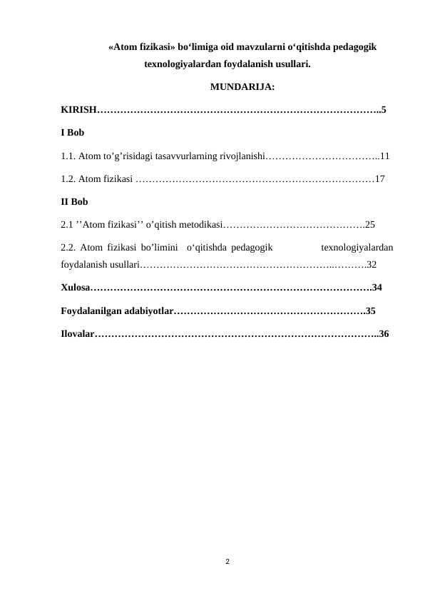 Atom fizikasi bo‘limiga oid mavzularni o‘qitishda pedagogik  texnologiyalardan foydalanish usullari.