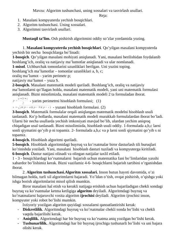 Algoritm tushunchasi, uning xossalari va tasvirlash usullari