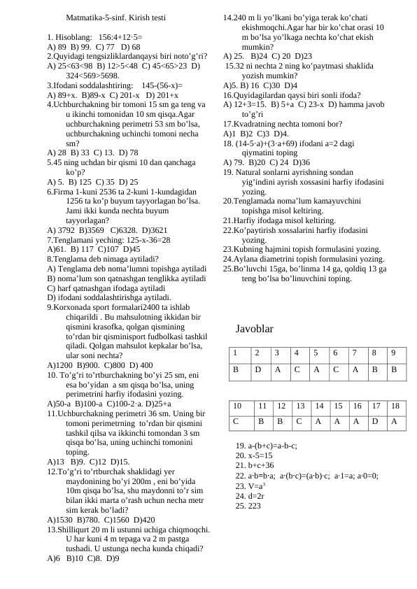 Matematika 5-sinf fan oyligi 25 talik kirish testi javoblari bilan
