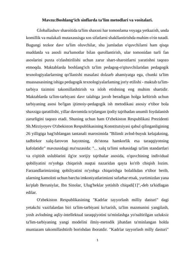 Boshlang‘ich sinflarda ta’lim metodlari va vositalari.