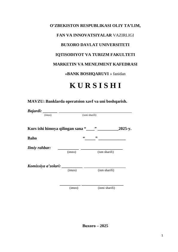 Banklarda operatsion xavf va uni boshqarish. kurs ishi