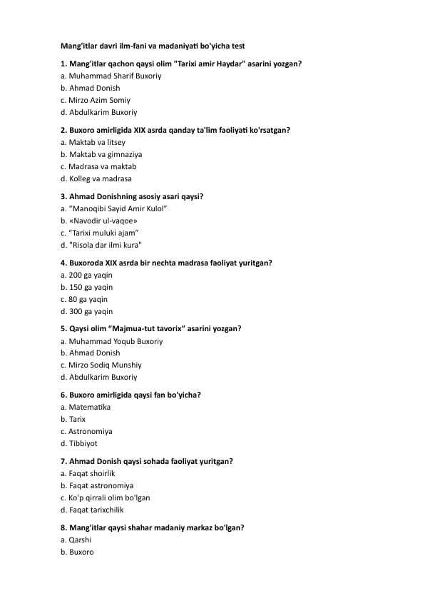 9-sinf O`zbekiston tarixi test