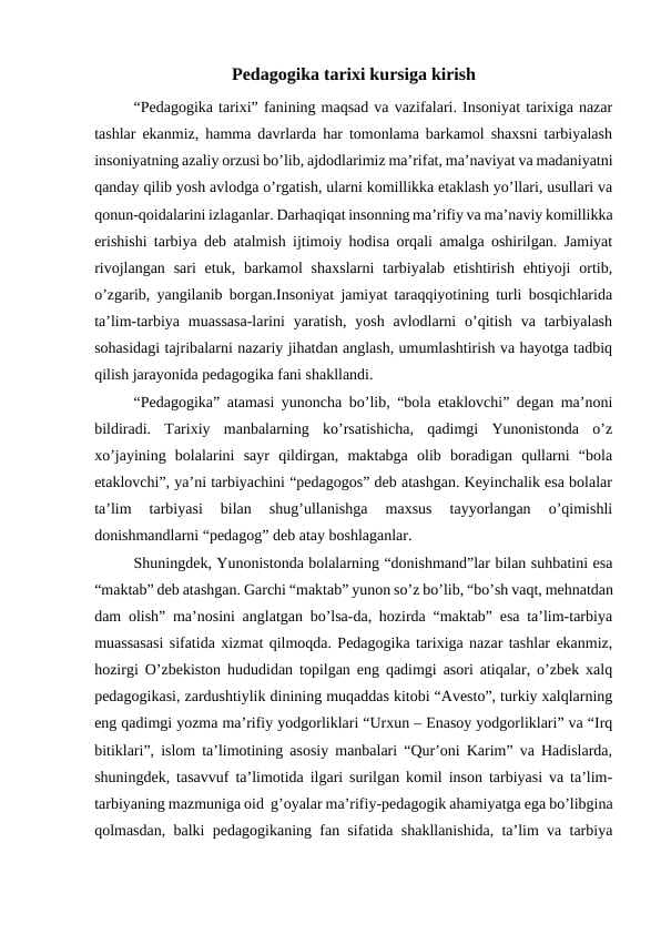 Pedagogika tarixi kursiga kirish