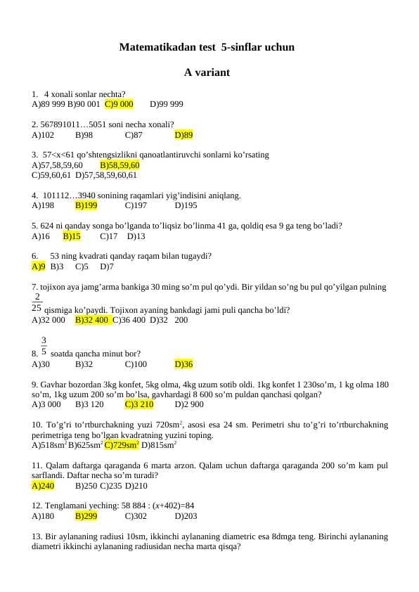Matematikadan 5-sinflar uchun test