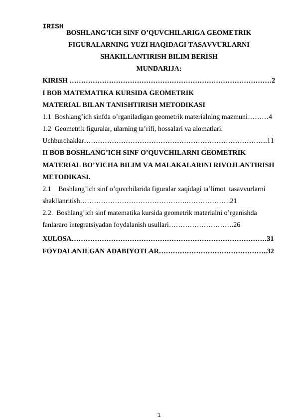 BOSHLANG’ICH SINF O’QUVCHILARIGA GEOMETRIK FIGURALARNING YUZI HAQIDAGI TASAVVURLARNI SHAKILLANTIRISH BILIM BERISH