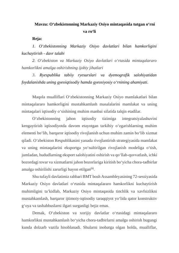 Mehnat bozori statistikasi O‘zbekistonning Markaziy Osiyo mintaqasida tutgan o‘rni va ro‘li
