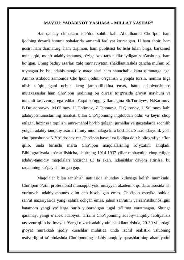 ADABIYOT YASHASA – MILLAT YASHAR