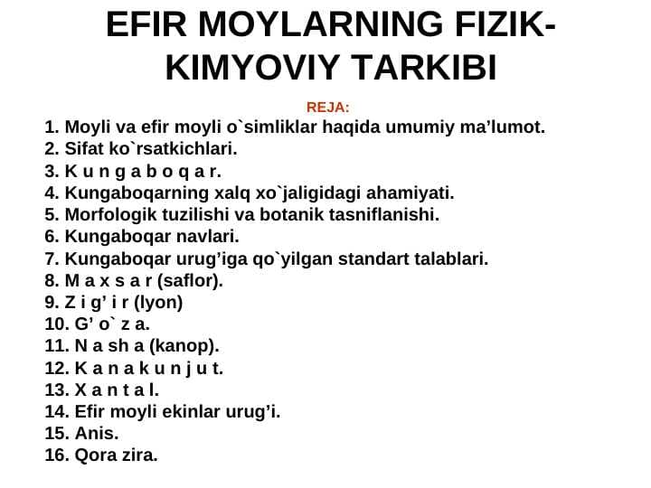 EFIR MOYLARNING FIZIK-KIMYOVIY TARKIBI