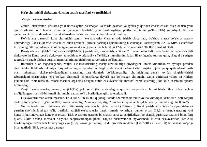 Ko’p cho’michli ekskavatorlarning texnik tavsiflari va tuzilishlari