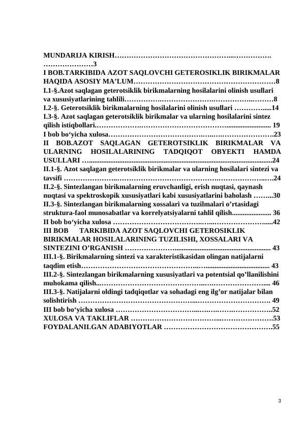 TARKIBIDA AZOT SAQLOVCHI GETEROTSIKLIK BIRIKMALAR ASOSIDAGI HOSILALARINING SINTEZI, TUZILISHI VA XOSSALARI