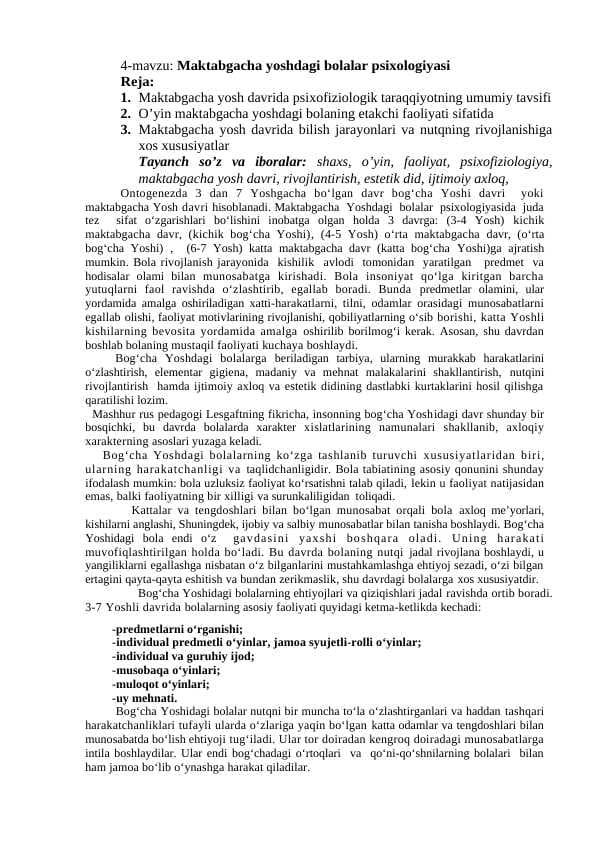Maktabgacha yoshdagi bolalar psixologiyasi