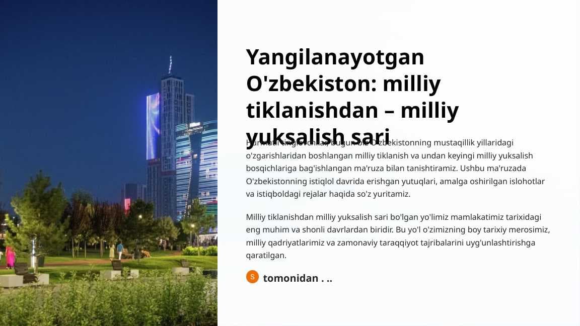 Yangilanayotgan O'zbekiston milliy tiklanishdan – milliy yuksalish sari