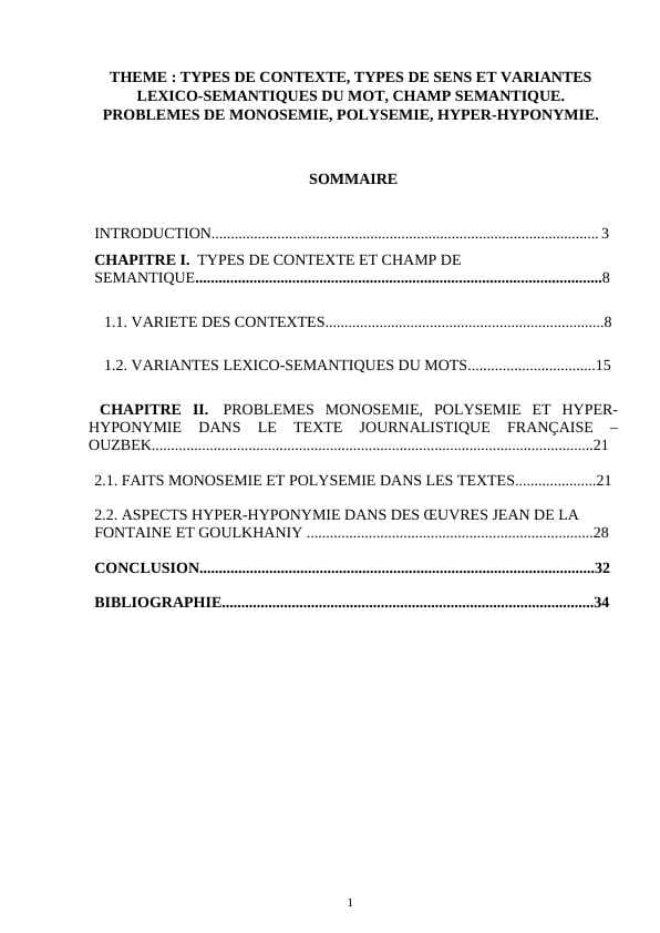 TYPES DE CONTEXTE, TYPES DE SENS ET VARIANTES LEXICO-SEMANTIQUES DU MOT, CHAMP SEMANTIQUE. PROBLEMES DE MONOSEMIE, POLYSEMIE, HYPER-HYPONYMIE