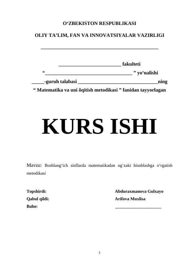 Boshlang‘ich sinflarda matematikadan og‘zaki hisoblashga o‘rgatish metodikasi