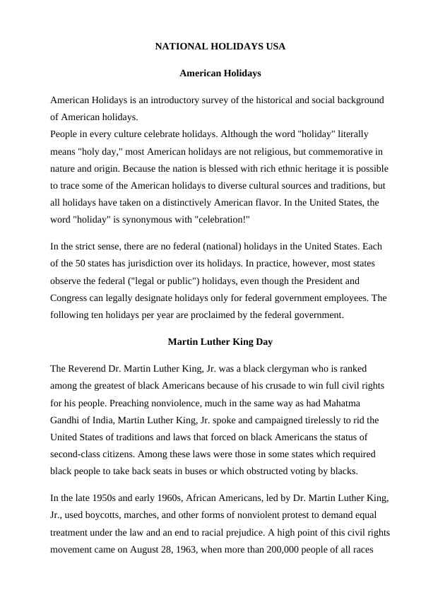 NATIONAL HOLIDAYS USA