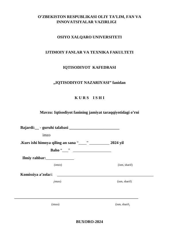IQTISODIYOT FANINING JAMIYAT TARAQQIYOTIDAGI O’RNI