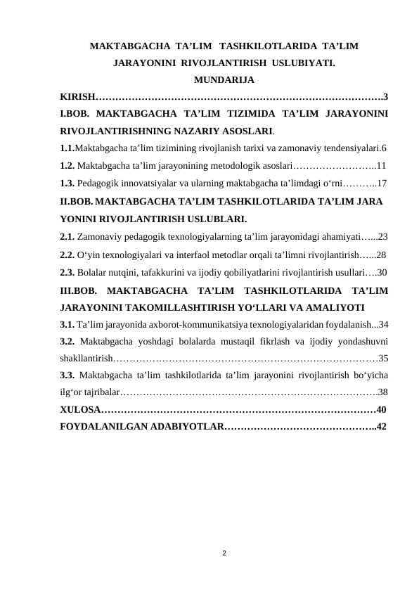 MAKTABGACHA  TA’LIM   TASHKILOTLARIDA  TA’LIM JARAYONINI  RIVOJLANTIRISH  USLUBIYATI.