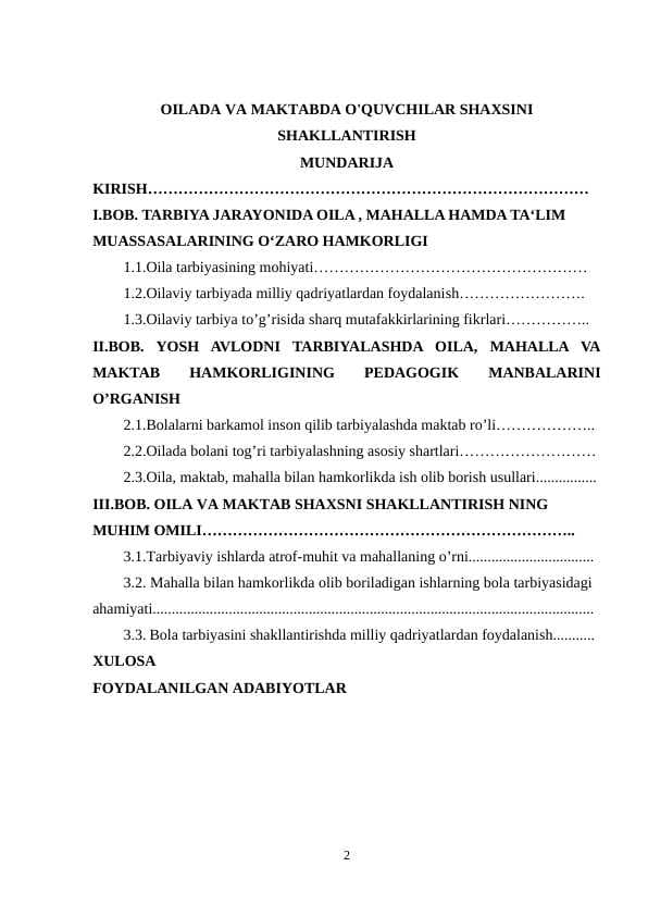 OILADA VA MAKTABDA O'QUVCHILAR SHAXSINI SHAKLLANTIRISH