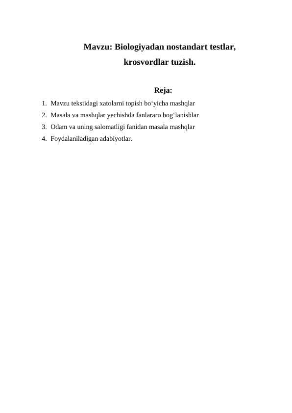 Biologiyadan nostandart testlar, krosvordlar tuzish