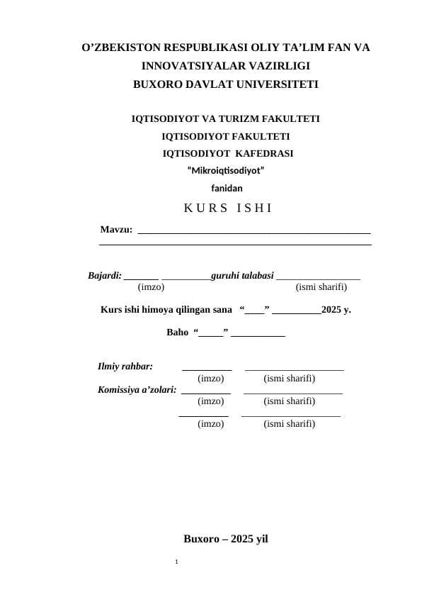 Kurs ishi. Mikroiqtisodiyot fani