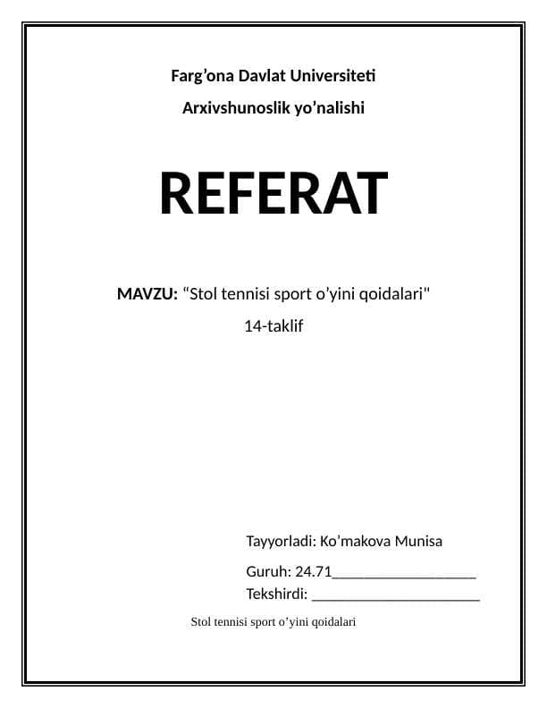 Stol tennisi sport o’yini qoidalari