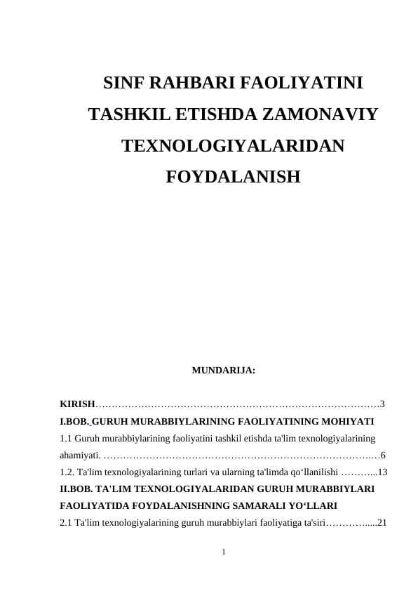 SINF RAHBARI FAOLIYATINI TASHKIL ETISHDA ZAMONAVIY  TEXNOLOGIYALARIDAN FOYDALANISH