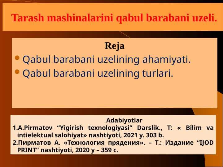 Tarash mashinalarini qabul barabani uzeli.