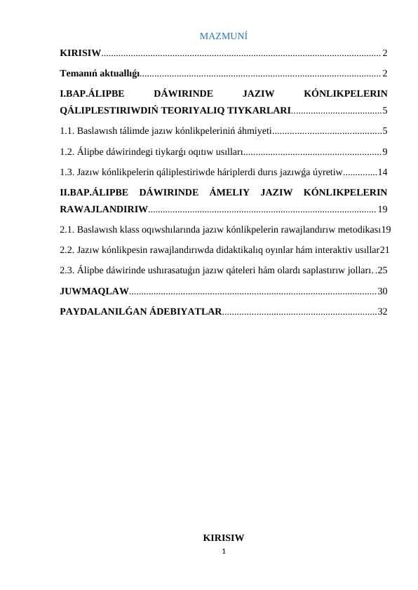 Álipbe dáwirinde jazıw kónlikpelerin qáliplestiriw