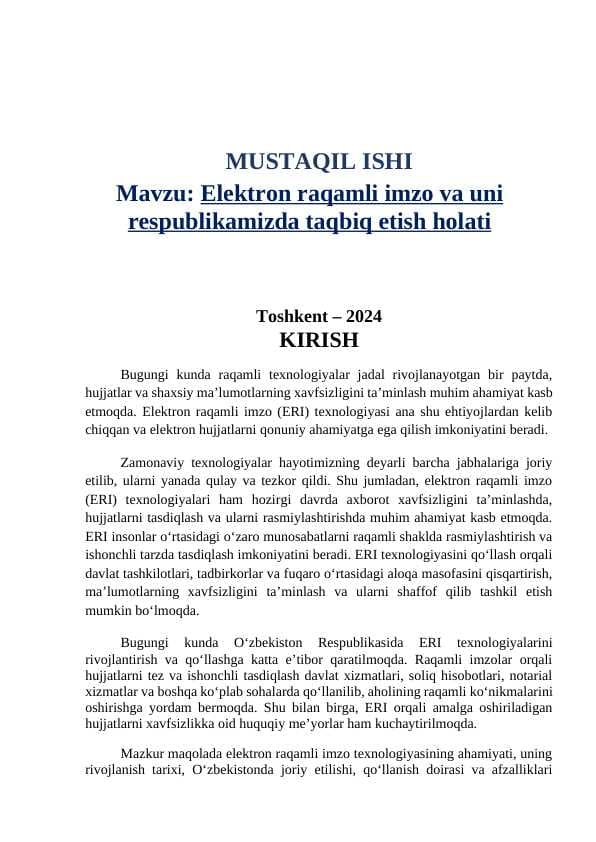 Elektron raqamli imzo va uni respublikamizda taqbiq etish holati