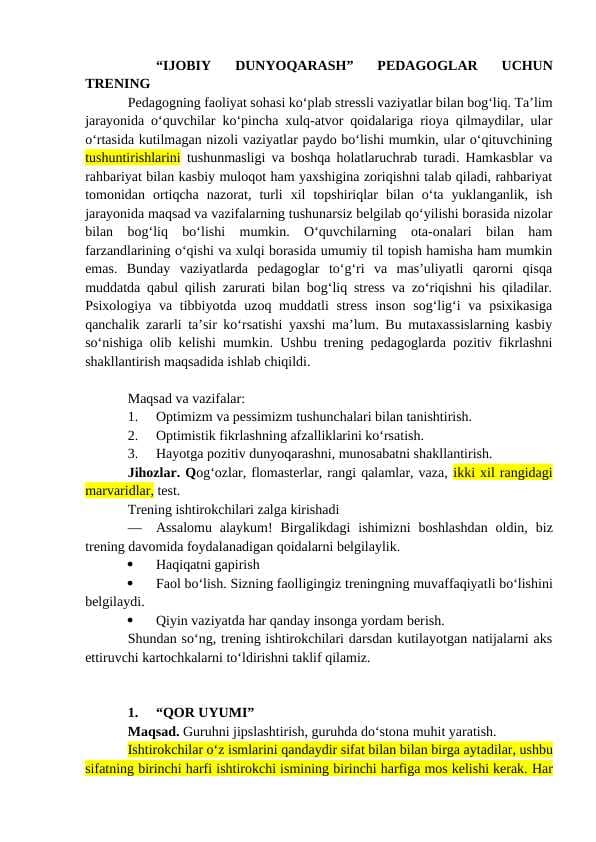 IJOBIY DUNYOQARASH” PEDAGOGLAR UCHUN TRENING