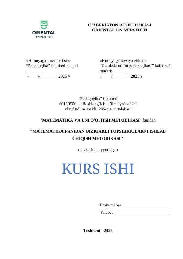 MATEMATIKA FANIDAN QIZIQARLI TOPSHIRIQLARNI ISHLAB CHIQISH METODIKASI
