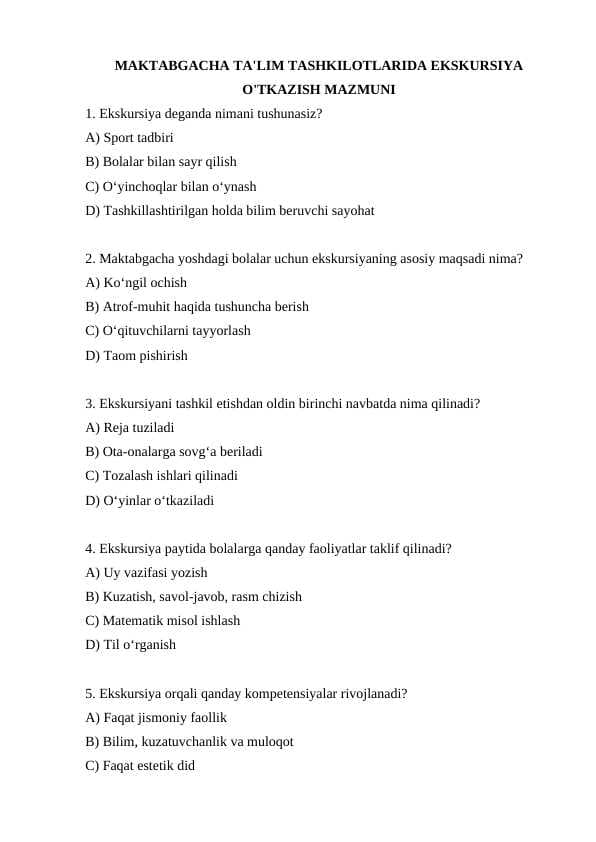MAKTABGACHA TA'LIM TASHKILOTLARIDA EKSKURSIYA O'TKAZISH MAZMUNI