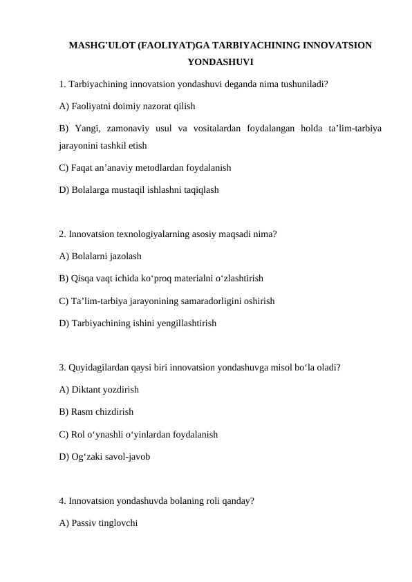 MASHG'ULOT (FAOLIYAT)GA TARBIYACHINING INNOVATSION YONDASHUVI