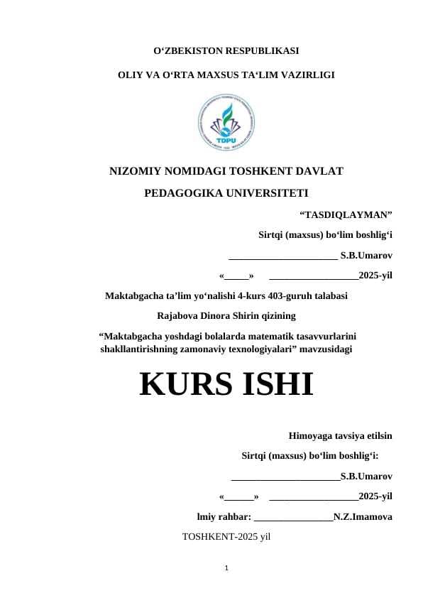 Maktabgacha yoshdagi bolalarda matematik tasavvurni shakllantirishning zamonaviy texnologiyalari