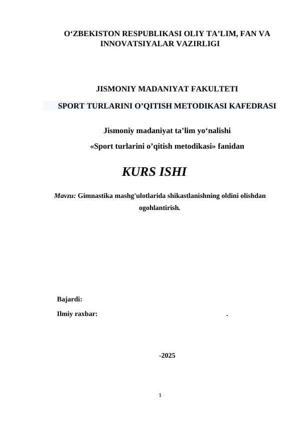 Gimnastika mashg'ulotlarida shikastlanishning oldini olishdan ogohlantirish