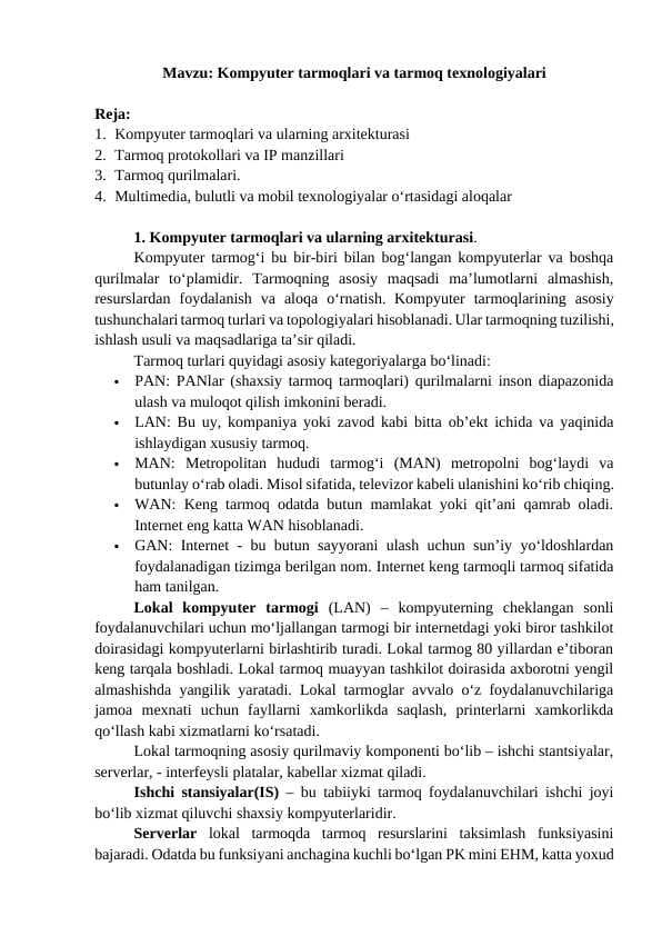 Kompyuter tarmoqlari va tarmoq texnologiyalari