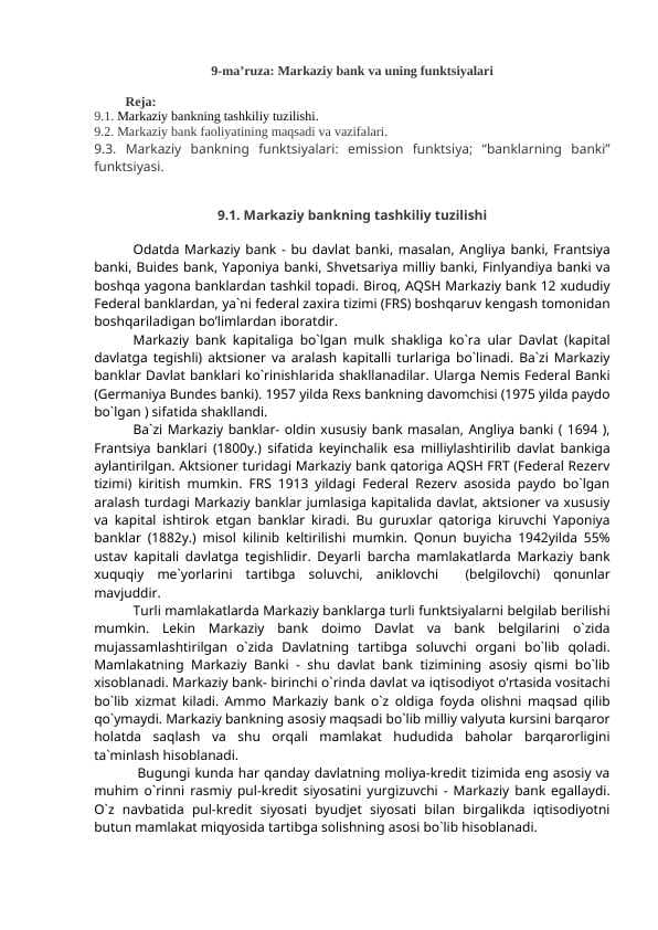 Markaziy bank va uning funktsiyalari