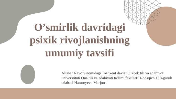Oʻsmirlik davridagi psixik rivojlanishning umumiy tavsifi